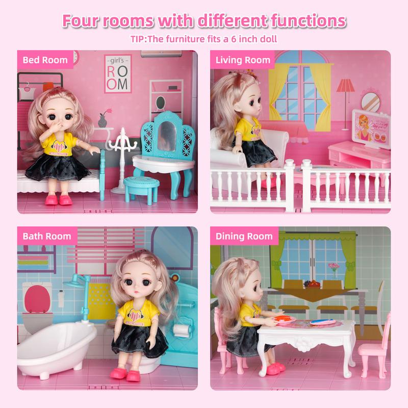 Dollhouse Building Toys, Princess Doll House, Playset with Lights, Furniture, Accessories and Dolls, Cottage Pretend Doll House Set, Creative Present for Girls Toddlers (4 Rooms)