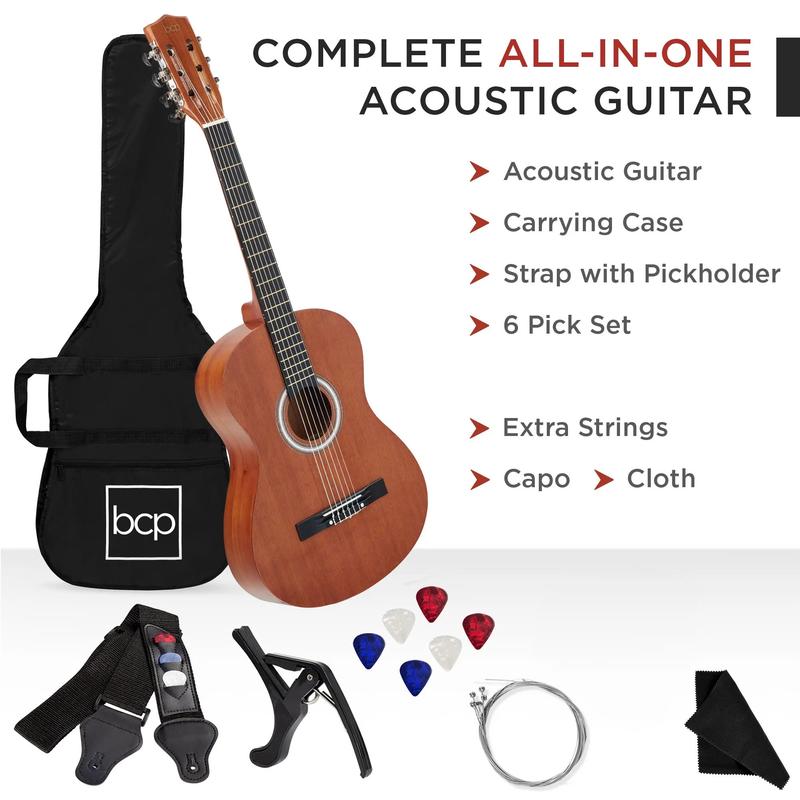 38in Beginner Acoustic Guitar Starter Kit w  Gig Bag, Strap, Strings - Natural Mahogany