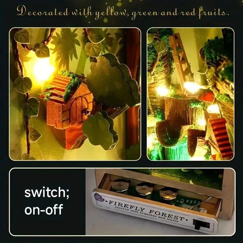 Firefly Forest Design 3D Wooden Book Stand Puzzle, 1 Set DIY Mini House Wood Bookend, DIY Miniature House Bookends Model Building Kit with LED Light, Bookshelf Insert Decor Wooden Bookend Craft Kit, Stocking Fillers Gift