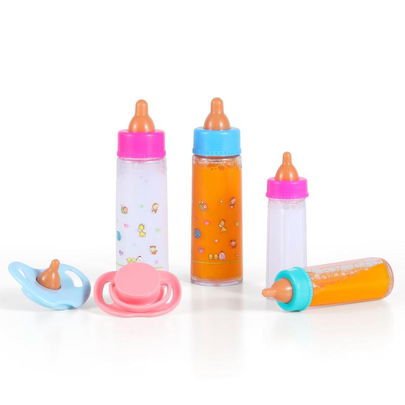 Magic Disappearing Milk and Juice Bottles with Pacifiers for Baby Doll Accessories,6 Pieces Pretend Play Feeding Toy Set, 4 Bottles and 2 Pacifiers