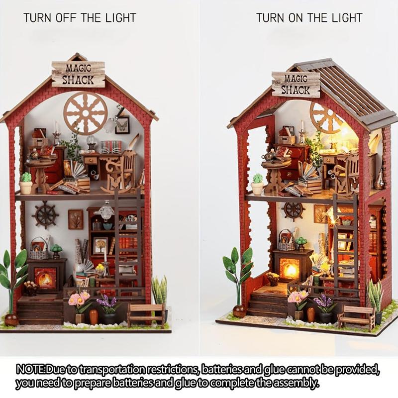 DIY Wooden Book Nook Kit, DIY Miniature House Kit with Light, 3D Desktop Decoration Ornament, DIY Model Kit for Bookshelf Decoration