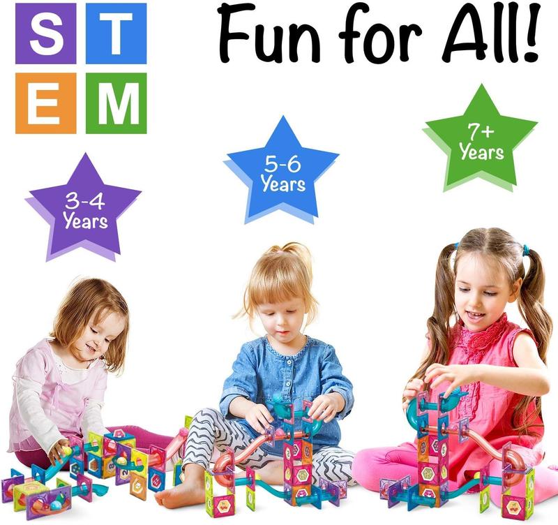 3.0-Inch Magnetic Tiles 48 86 110-Piece Marble Run Track Toy Set, STEM Educational Building Blocks for Kids' Brain Development, Christmas Gift Toy Kit for Boys and Girls Ages 7-10+