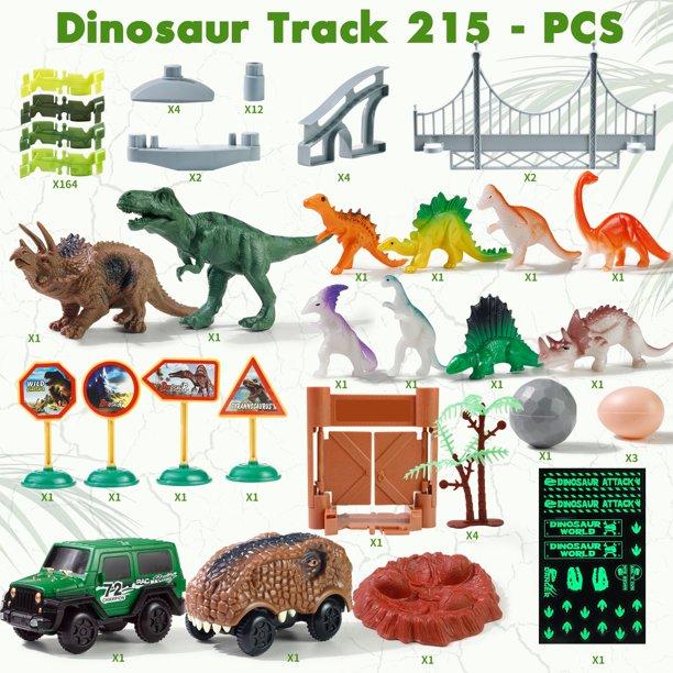 215 Pcs Glow-in-the-Dark Dinosaur Park Jurassic Race Track Train Playset Toys for Kids Car 215 PCS Road Toys for Boys,Girls,Best Toys Gift