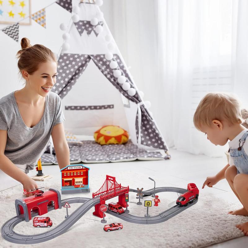 Train Sets for Boys 4-7, 66 Pcs Battery Operated Train Set with Tracks(Magnetic Connection), Compatible with Thomas, Brio, Chuggington, Gifts for 3 4 5 6 Years Old (Fire Engines)