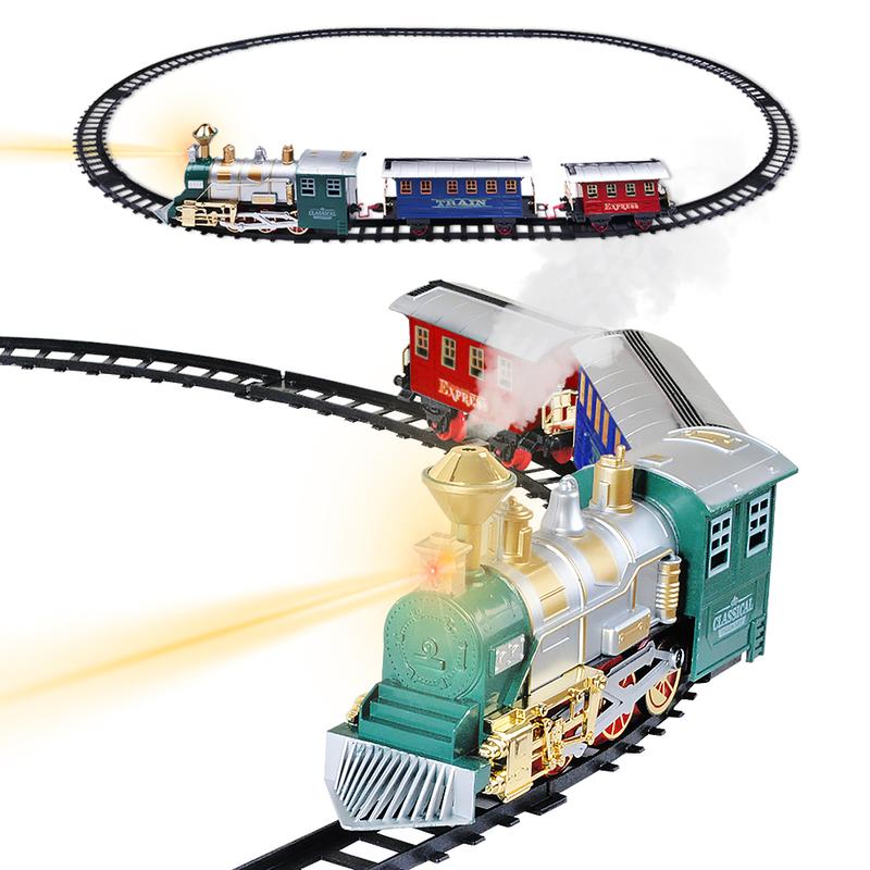 Wesprex Electric Train Set for Kids w Headlight, Realistic Sound, Battery-Operated Toy Train, 1 Locomotive, 2 Compartments, 10 Railway Tracks, Gift for Boys Girls Age 4 5 6 7 - Classic w Smoke