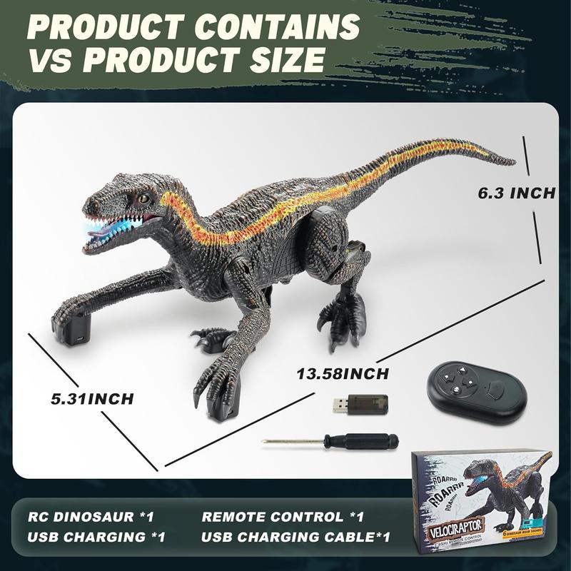 Remote Control Dinosaur - Realistic Electronic Velociraptor with 3D Eyes Shaking Head Light Sounds, Christmas Toy for Ages 3+ Boys and Girls dinosaur  animal