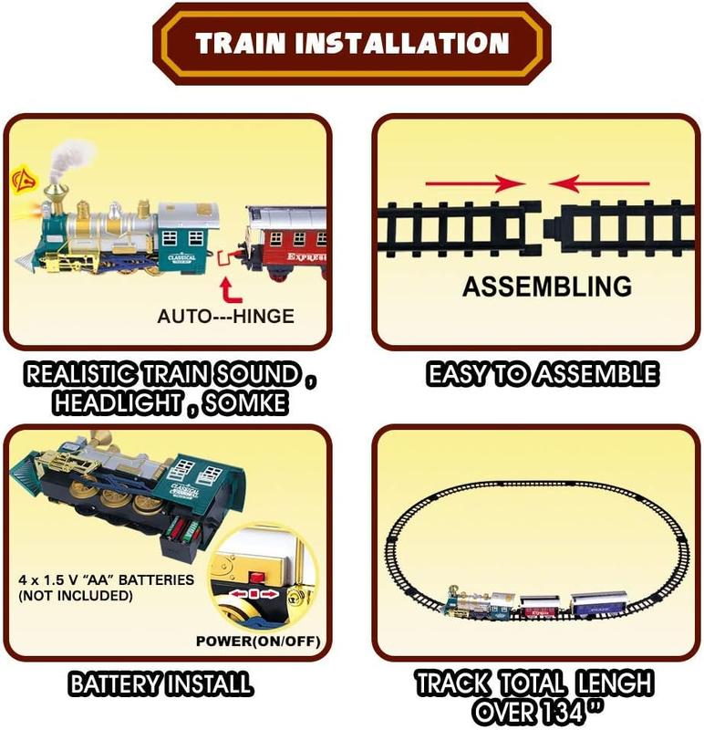 Wesprex Electric Train Set for Kids w Headlight, Realistic Sound, Battery-Operated Toy Train, 1 Locomotive, 2 Compartments, 10 Railway Tracks, Gift for Boys Girls Age 4 5 6 7 - Classic w Smoke