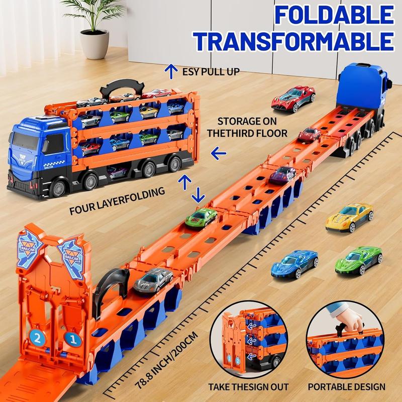 Big Hauler Transporter Truck Toy Set ，Race Track and Toy Trucks with 12 Race Cars and 2 Ejection Race Track, 16.9 inch Truck Kids Toys，Exquisite gifts, Christmas gifts, birthday gifts