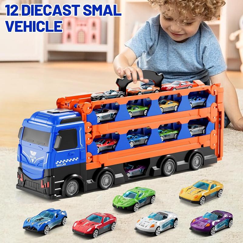 Big Hauler Transporter Truck Toy Set ，Race Track and Toy Trucks with 12 Race Cars and 2 Ejection Race Track, 16.9 inch Truck Kids Toys，Exquisite gifts, Christmas gifts, birthday gifts