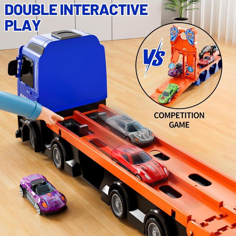 Big Hauler Transporter Truck Toy Set ，Race Track and Toy Trucks with 12 Race Cars and 2 Ejection Race Track, 16.9 inch Truck Kids Toys，Exquisite gifts, Christmas gifts, birthday gifts