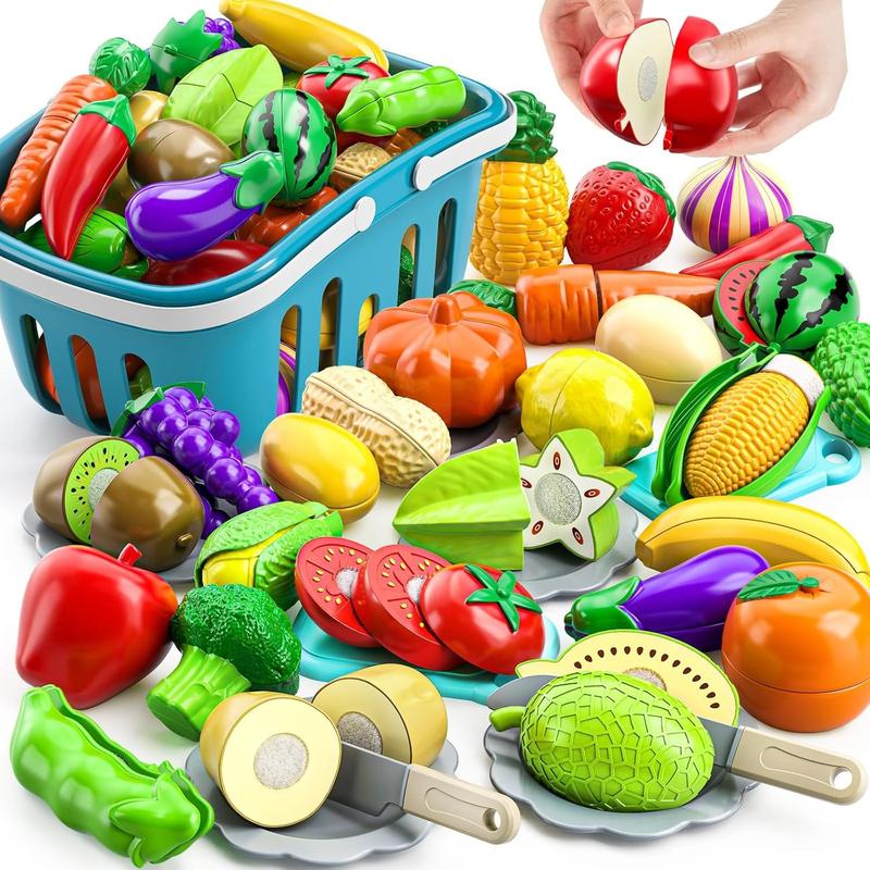 70 PCS Cutting Play Food Toy for Kids Kitchen ，Fruit and Vegetables Accessories Toys  with Storage Case, Dishes and Knife, Educational Kitchen Toy ，Christmas gifts, birthday gifts