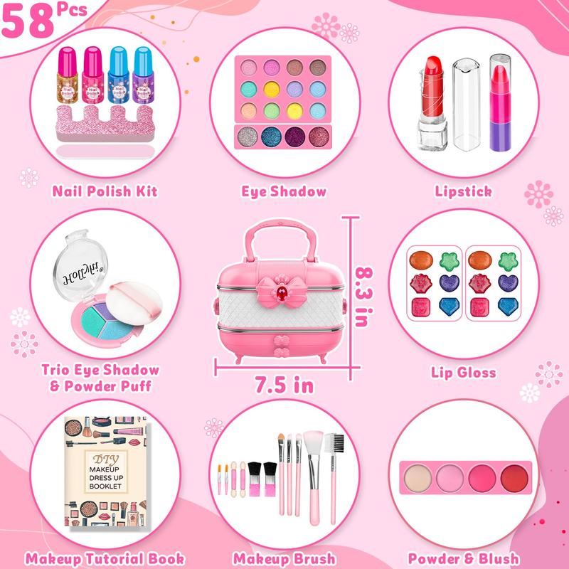 58 Pack Kids Makeup Kit for Girl, Princess Toys Real Washable Cosmetic Set with Mirror, Play Make Up Birthday Gifts for 3-12 Years Old Kid