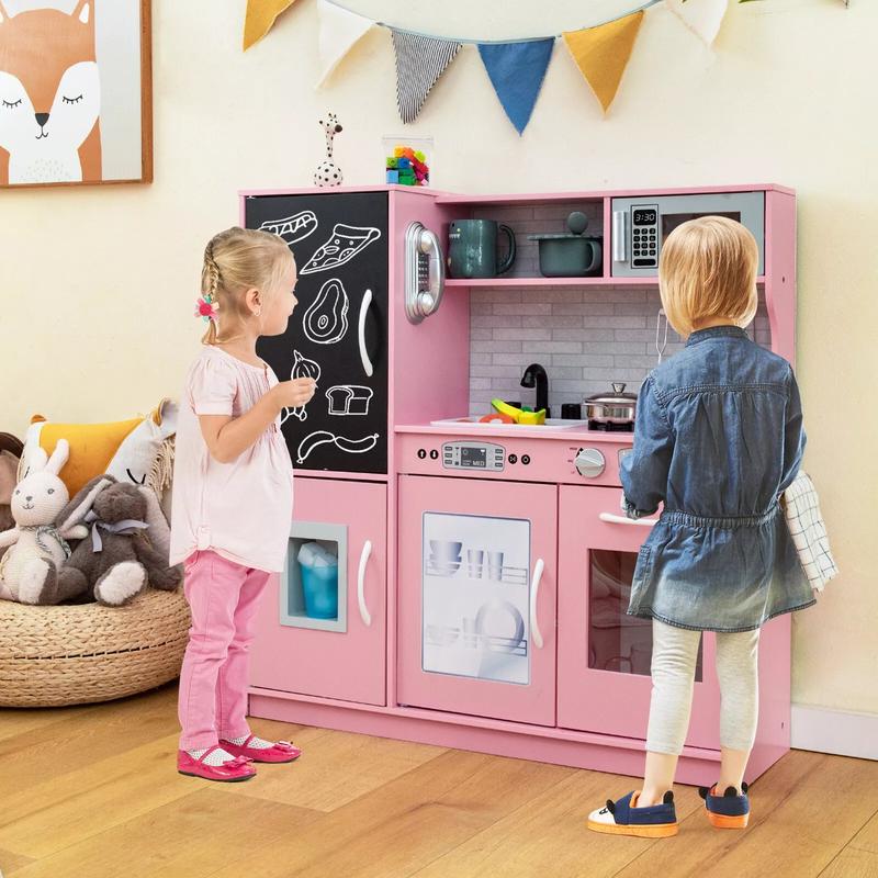 Kids Kitchen Playset, Pretend Play Kitchen with Chalkboard, Telephone, Stoves, Ice Maker, Dishwasher & Oven, Cookware Accessories, Wooden Kitchen Toy Set with Realistic Sounds for Kids 3-6 Years Old