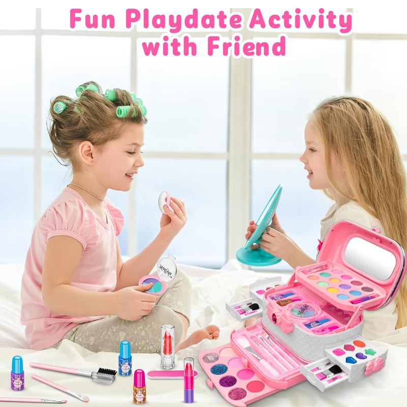 58 Pack Kids Makeup Kit for Girl, Princess Toys Real Washable Cosmetic Set with Mirror, Play Make Up Birthday Gifts for 3-12 Years Old Kid