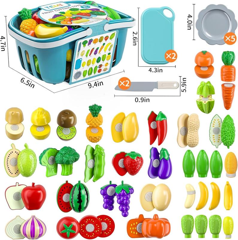 70 PCS Cutting Play Food Toy for Kids Kitchen ，Fruit and Vegetables Accessories Toys  with Storage Case, Dishes and Knife, Educational Kitchen Toy ，Christmas gifts, birthday gifts