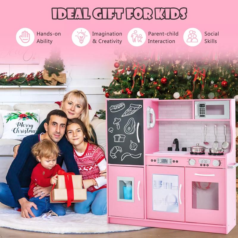 Kids Kitchen Playset, Pretend Play Kitchen with Chalkboard, Telephone, Stoves, Ice Maker, Dishwasher & Oven, Cookware Accessories, Wooden Kitchen Toy Set with Realistic Sounds for Kids 3-6 Years Old