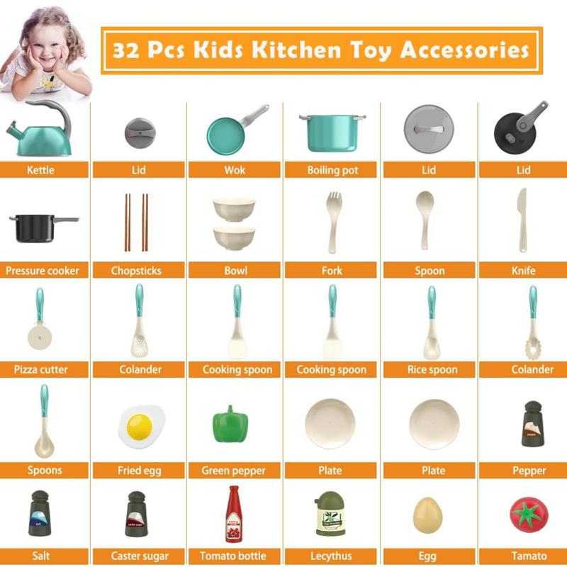 32Pack Kids Play Kitchen Toys Set, Kids Pretend Cooking Playset Acccessories with Pots Pans, Utensils Cookware, Foods, Canned Veges, Learning Gift for Kids Girls Boys (Green)