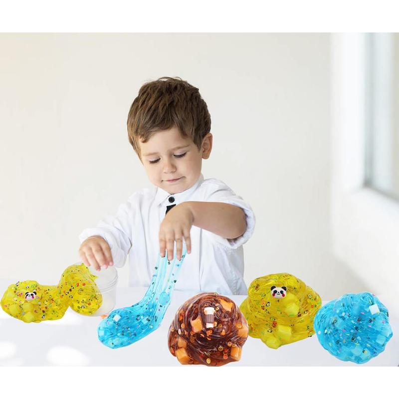 5 Pack Clear Jelly Cube Slime Kit, with Cute Charms Crystal Slime Kit Super Soft and Non-Sticky,Rich Colors Stress Relief Toy for Girls and Boys