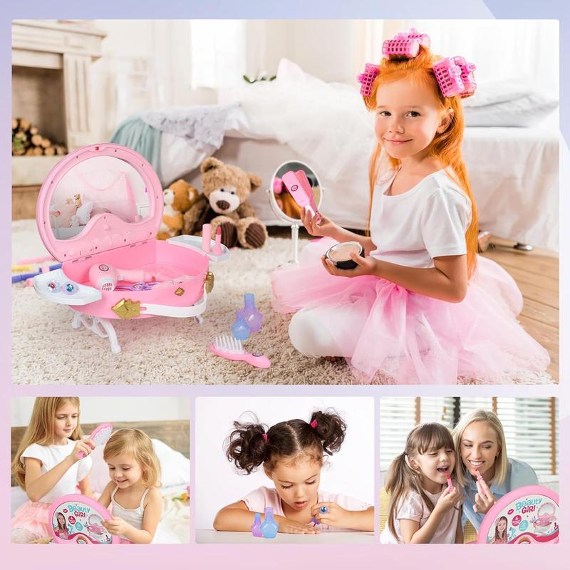 Little Princess Toddler Vanity Set, Portable Makeup Kits with Lights and Music & Real Mirror & Multiple Accessories, Best Birthday Christmas Festival Gift for Girls 3-7 Year Old Toddlers 1-3