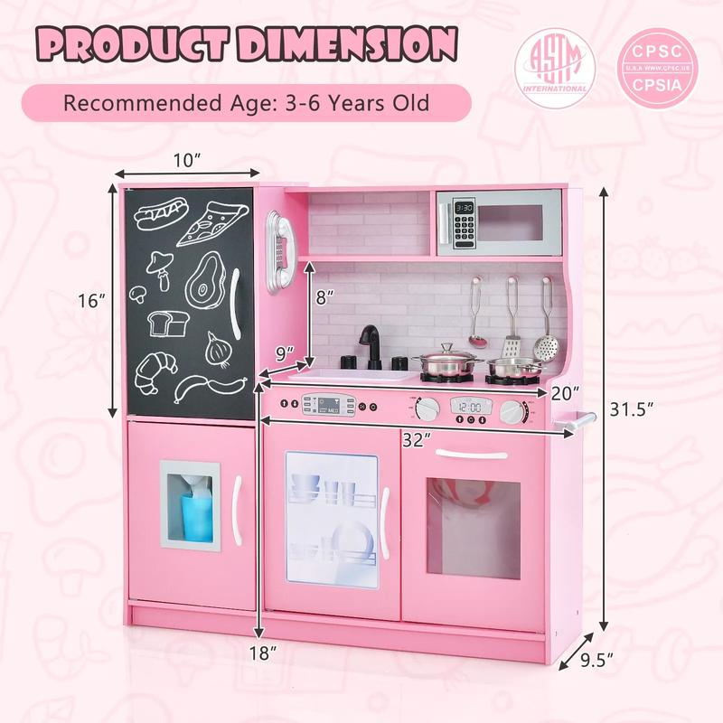 Kids Kitchen Playset, Pretend Play Kitchen with Chalkboard, Telephone, Stoves, Ice Maker, Dishwasher & Oven, Cookware Accessories, Wooden Kitchen Toy Set with Realistic Sounds for Kids 3-6 Years Old