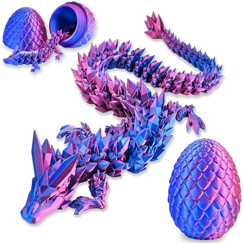 3D Printed Dragon with 3D Printed Dragon Eggs, Articulated 3D Dragon Toys, 3D Dragon Eggs with Dragon Inside, Crystal Dragon Red Blue