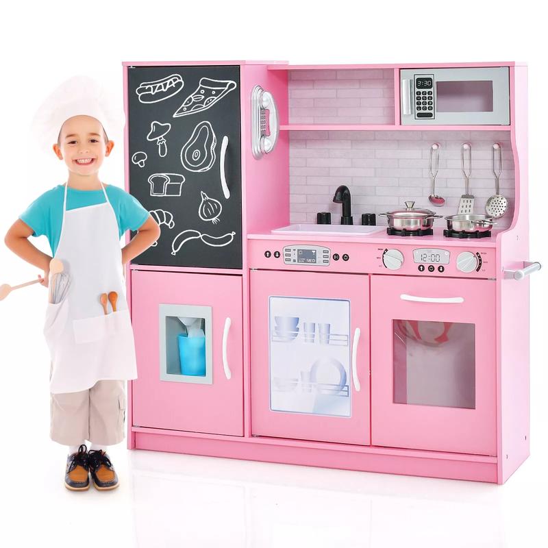 Kids Kitchen Playset, Pretend Play Kitchen with Chalkboard, Telephone, Stoves, Ice Maker, Dishwasher & Oven, Cookware Accessories, Wooden Kitchen Toy Set with Realistic Sounds for Kids 3-6 Years Old