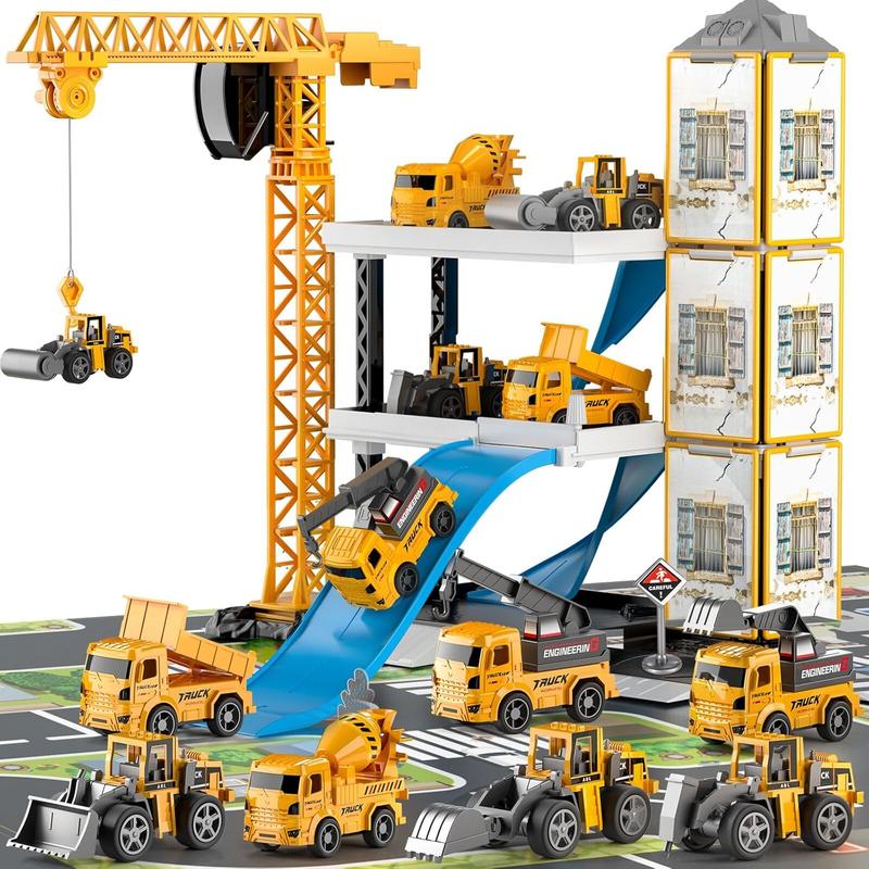 TEMI Construction Truck Toys for 3 4 5 6 Year Old Boys, 60PCS Kids Engineering Trucks Vehicle w Tractor, Crane, Dump, Excavator and Map, Birthday Gift Toys for Girls Children Toddlers