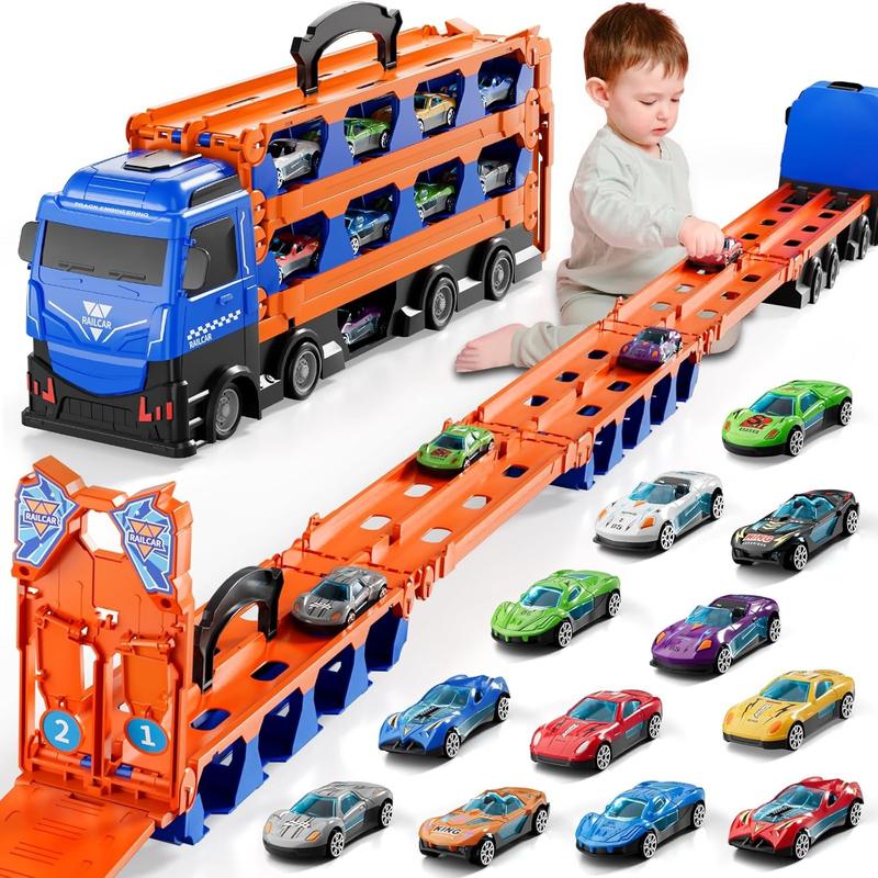 Big Hauler Transporter Truck Toy Set ，Race Track and Toy Trucks with 12 Race Cars and 2 Ejection Race Track, 16.9 inch Truck Kids Toys，Exquisite gifts, Christmas gifts, birthday gifts