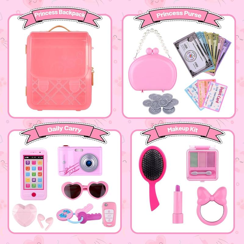 Backpack Purse Play Set for Little Girls, My First Purse Toy with Camera, Earphone, Smartphone, Makeup Set, Sunglasses, Wallet, Car Keys, Credit Cards, Play Money