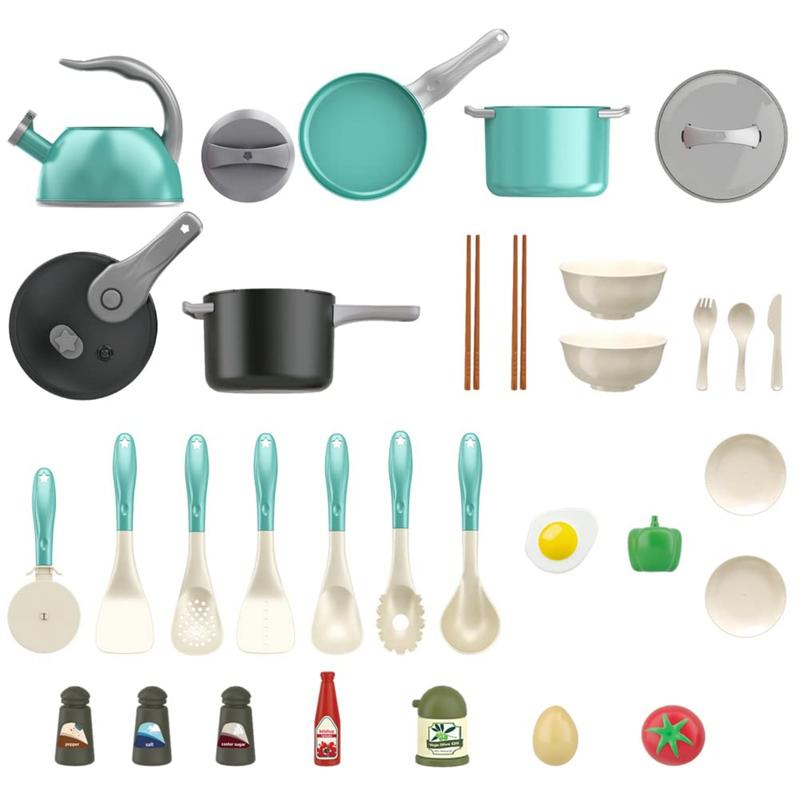 32Pack Kids Play Kitchen Toys Set, Kids Pretend Cooking Playset Acccessories with Pots Pans, Utensils Cookware, Foods, Canned Veges, Learning Gift for Kids Girls Boys (Green)