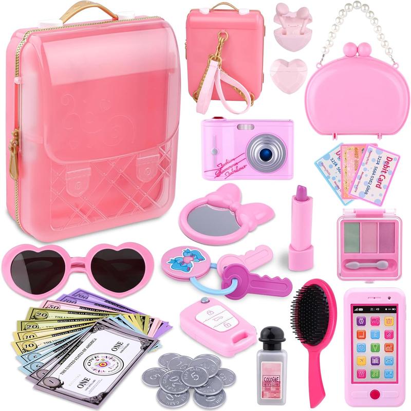 Backpack Purse Play Set for Little Girls, My First Purse Toy with Camera, Earphone, Smartphone, Makeup Set, Sunglasses, Wallet, Car Keys, Credit Cards, Play Money