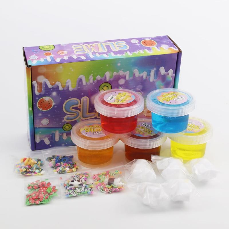 5 Pack Clear Jelly Cube Slime Kit, with Cute Charms Crystal Slime Kit Super Soft and Non-Sticky,Rich Colors Stress Relief Toy for Girls and Boys