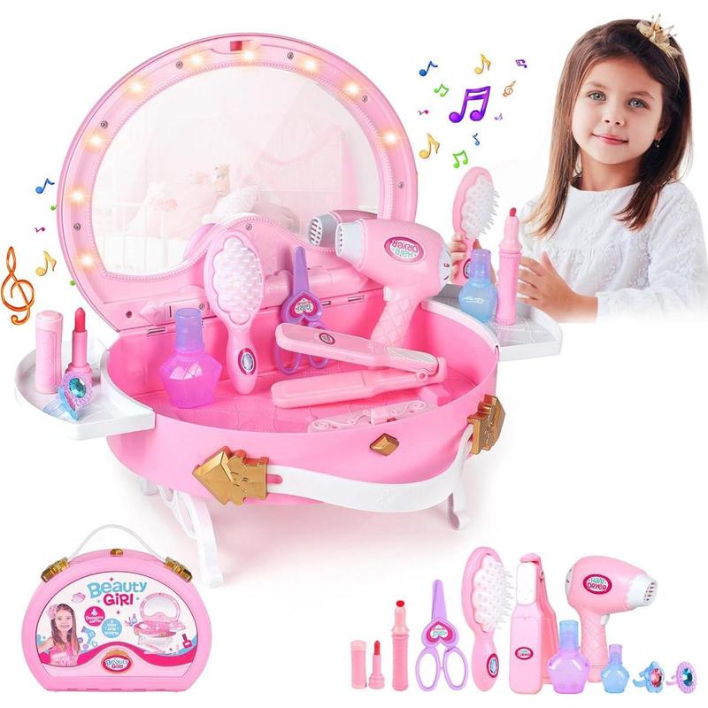 Little Princess Toddler Vanity Set, Portable Makeup Kits with Lights and Music & Real Mirror & Multiple Accessories, Best Birthday Christmas Festival Gift for Girls 3-7 Year Old Toddlers 1-3