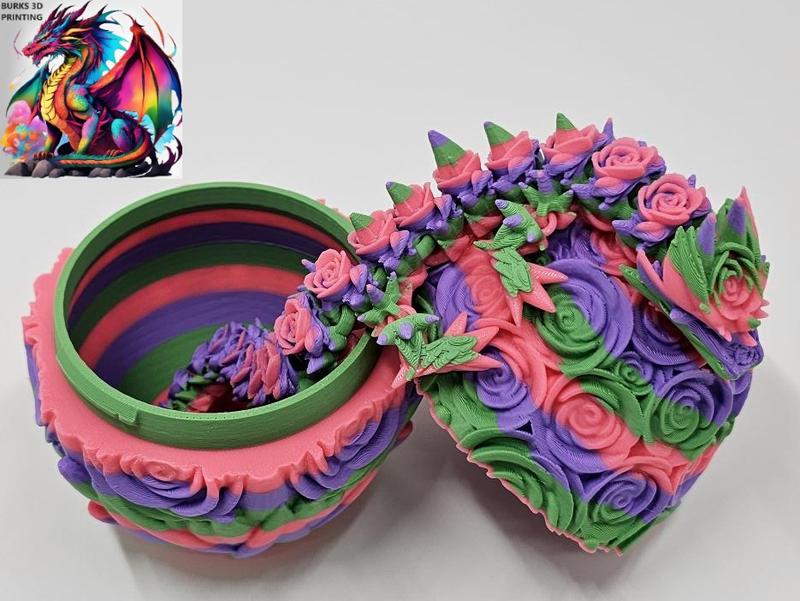 Pink Purple Green Striped 12in Rose Dragon with Matching Rose Dragon Egg that Snaps Shut