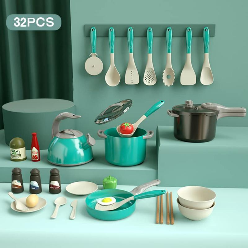 32Pack Kids Play Kitchen Toys Set, Kids Pretend Cooking Playset Acccessories with Pots Pans, Utensils Cookware, Foods, Canned Veges, Learning Gift for Kids Girls Boys (Green)