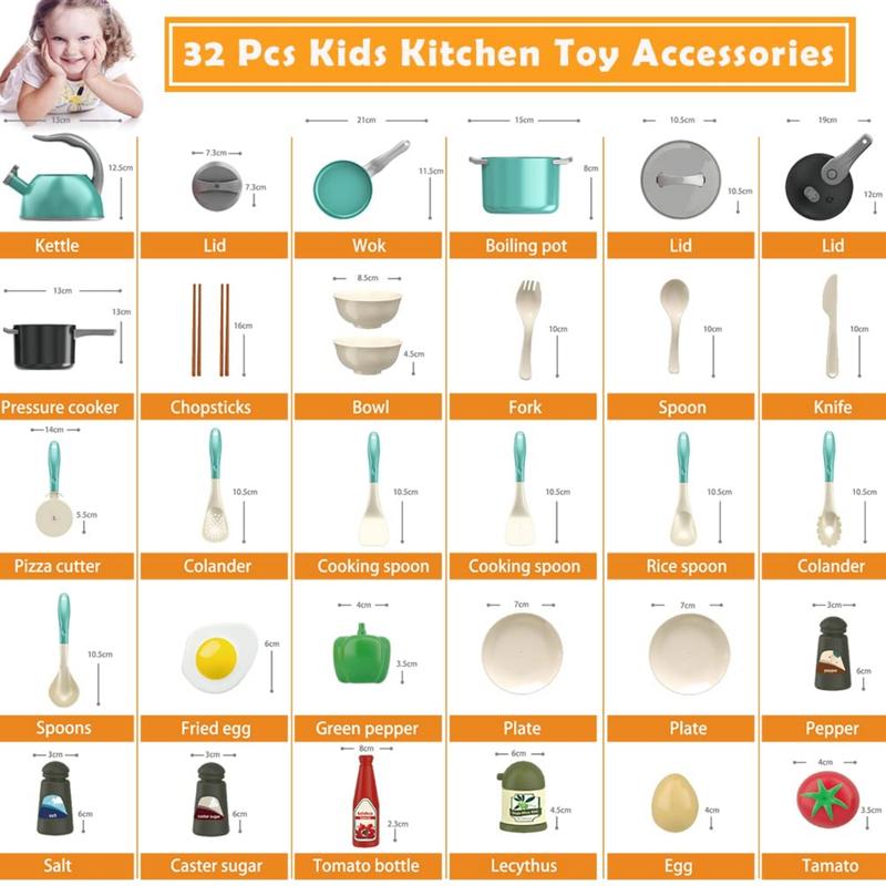 32Pack Kids Play Kitchen Toys Set, Kids Pretend Cooking Playset Acccessories with Pots Pans, Utensils Cookware, Foods, Canned Veges, Learning Gift for Kids Girls Boys (Green)