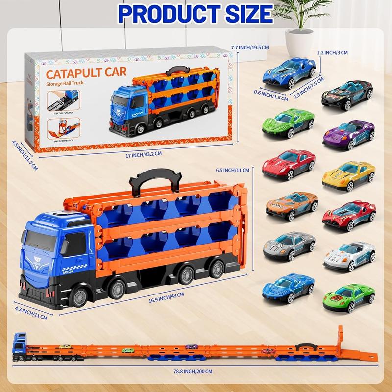 Big Hauler Transporter Truck Toy Set ，Race Track and Toy Trucks with 12 Race Cars and 2 Ejection Race Track, 16.9 inch Truck Kids Toys，Exquisite gifts, Christmas gifts, birthday gifts