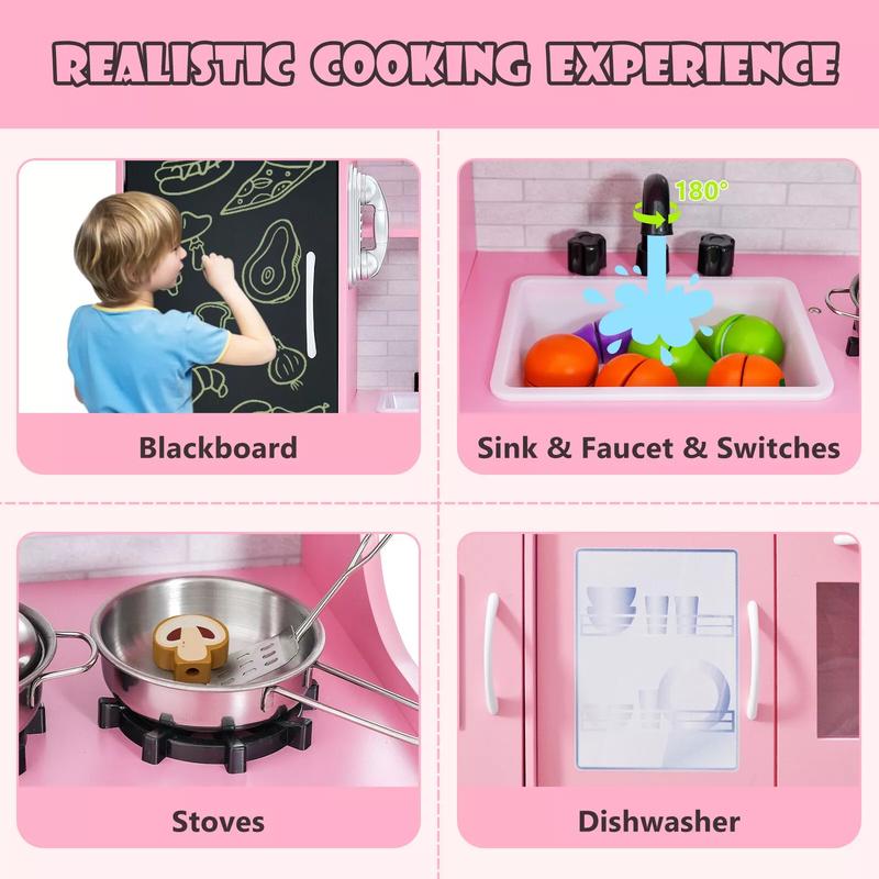 Kids Kitchen Playset, Pretend Play Kitchen with Chalkboard, Telephone, Stoves, Ice Maker, Dishwasher & Oven, Cookware Accessories, Wooden Kitchen Toy Set with Realistic Sounds for Kids 3-6 Years Old