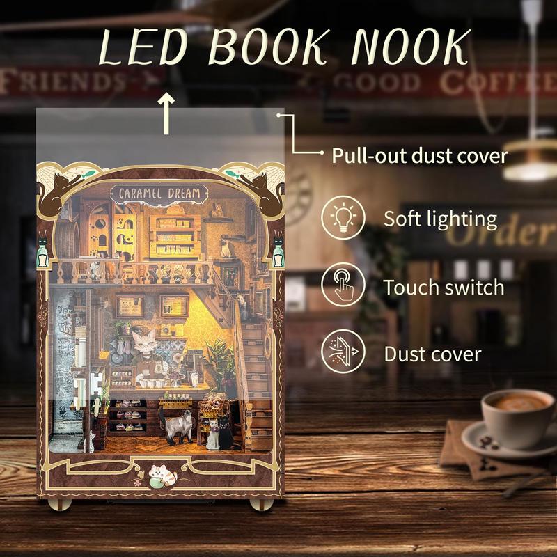 DIY Wooden Book Corner Kit, 1 Set Mini Coffee Shop Design Wooden Book Corner Kit, DIY Wooden Craft Kit for Bookshelf Decoration, Stocking Fillers Gift