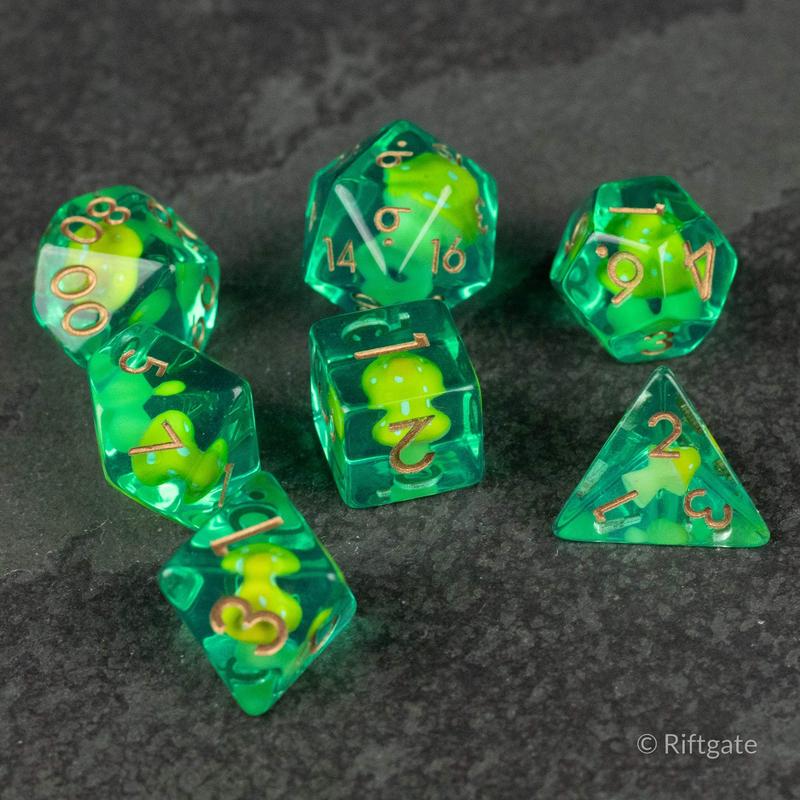 Yellow + Green Mushroom Inclusion DnD Dice Set - Dice for Dungeons and Dragons, D&D Dice, RPG Dice