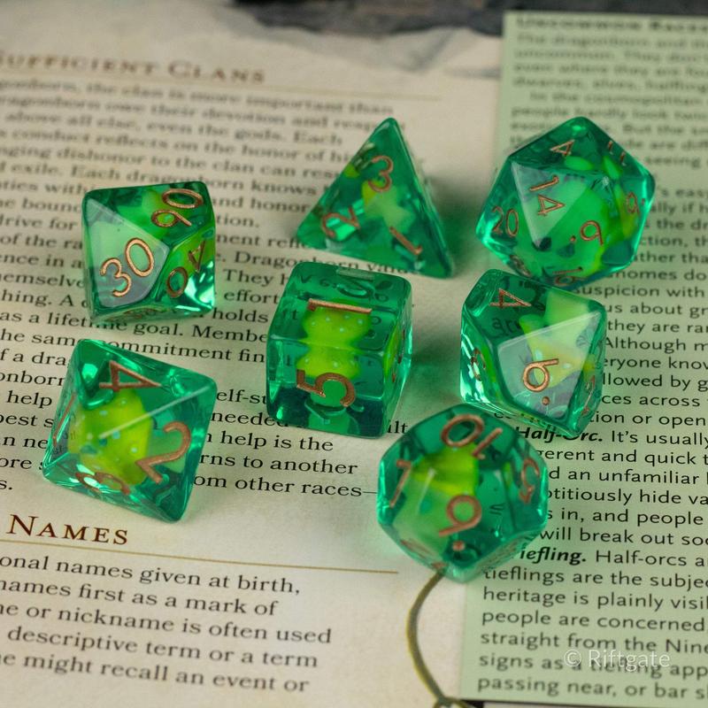 Yellow + Green Mushroom Inclusion DnD Dice Set - Dice for Dungeons and Dragons, D&D Dice, RPG Dice