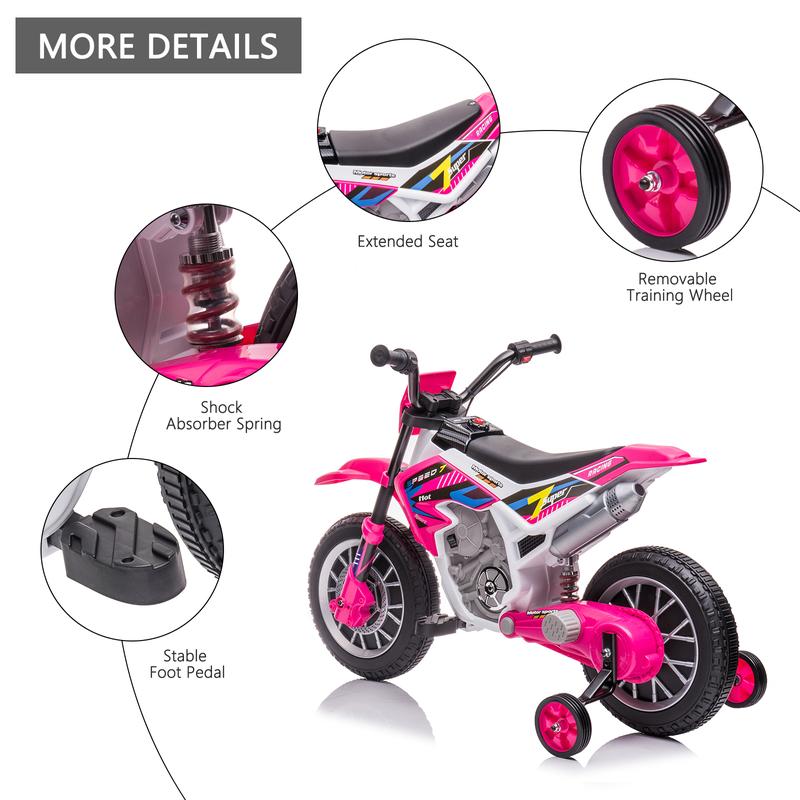 12V 7AH Kids Ride On Motorcycle, Rechargeable Battery Powered Electric Dirt Bike, Off-Road Street Bike with Training Wheels, Spring Suspension, High Low Speeds, Built-in Music, Rose Pink