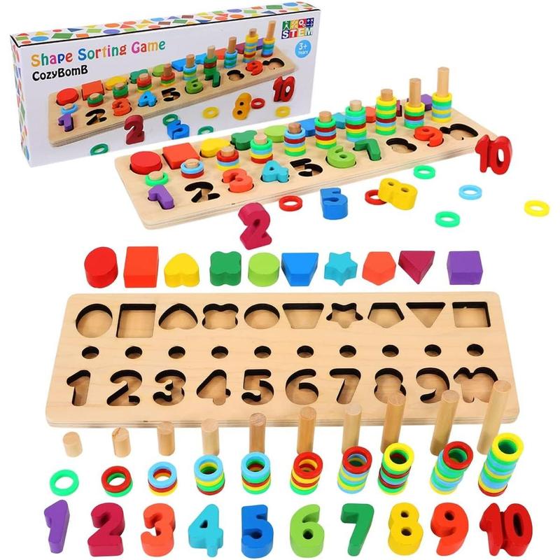 CozyBomB™ Montessori Educational Wooden Toys For Kids Toddler Number Puzzles Sorter Counting Shape Stacker Stacking Game Preschool Learning Education Math Blocks Toys For Boy Girl