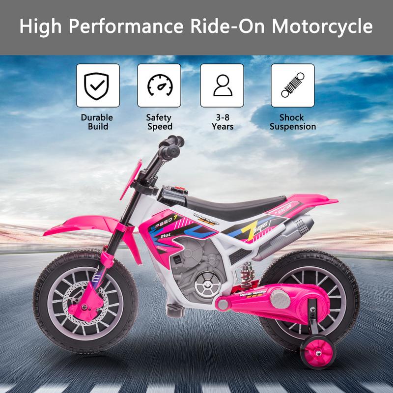 12V 7AH Kids Ride On Motorcycle, Rechargeable Battery Powered Electric Dirt Bike, Off-Road Street Bike with Training Wheels, Spring Suspension, High Low Speeds, Built-in Music, Rose Pink