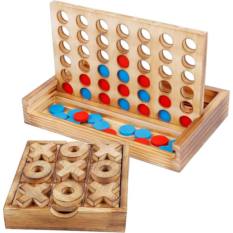 Tic Tac Toe & 4 in a Row Table Games Set - Rustic Decor Wood Strategy Board Games for Families