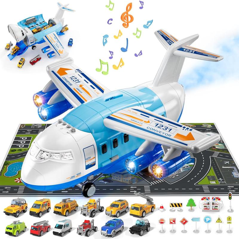 Airplane Toys ,Transport Cargo Airplane Car Toy Play Set - 12PCS Construction Cars Toy Airplane, Toys Plane with Lights and Sounds,Christmas gifts, birthday gifts