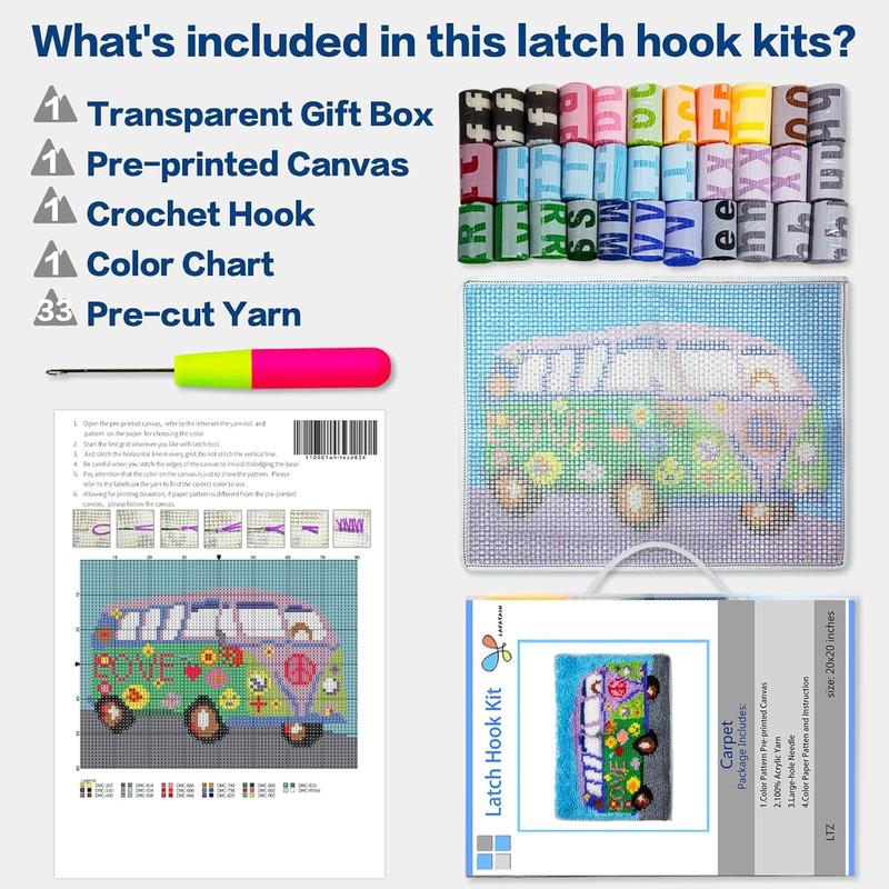 Latch Hook Kits DIY Crochet Yarn Kits,Carpet Embroidery Hook Rug Kit Needlework Sets Cushion for  or Adults Home Decor Bus 20x15inch(Love)