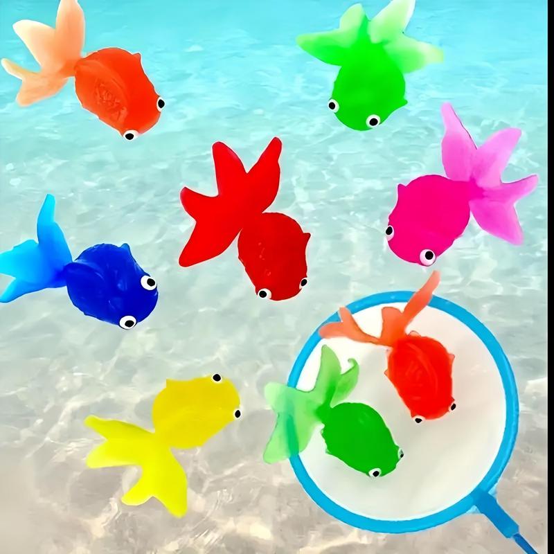 Random Color Fish Shaped Floating Toy & Net (11pcs set), Simulation Soft Rubber Fish Toy, Summer Party Gift, Party Decoration Supplies