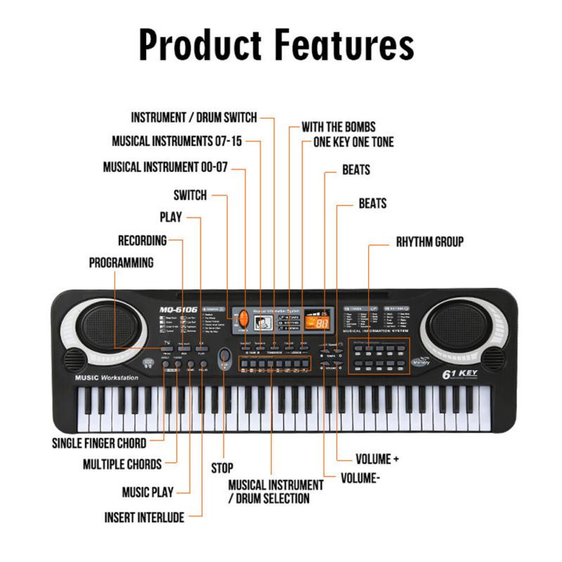 61-Key Digital Music Piano Keyboard Portable Electronic Musical Instrument w Mic