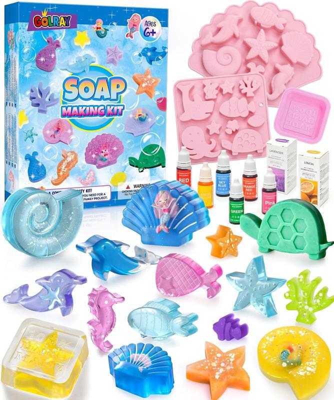 CHRISTMAS GIFT Mermaid Soap Making Craft Kit Kids Toy, 18 Model, 6 Ink, 2 Essential Oil Supply, Art and Craft for Kid Girl Age 8-12 Year Old Ocean Animal Toy Birthday Gift, DIY Science Kits (Create 16+pcs)